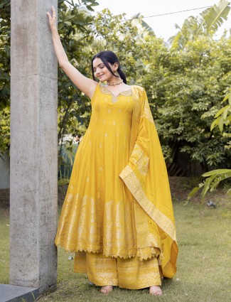 Yellow silk palazzo suit with dupatta for haldi ceremony