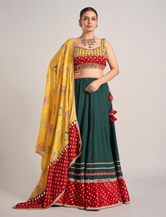 Yellow and bottle green silk chaniya choli