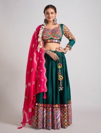 Bottle green silk chaniya choli with resham detailing