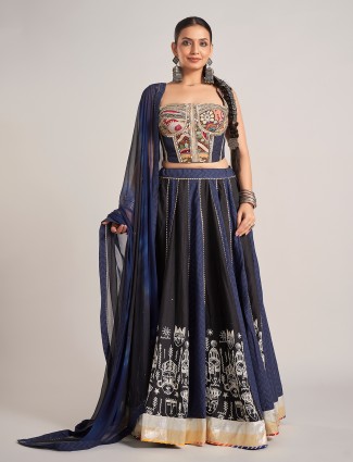 Navy and black silk mirror work chaniya choli