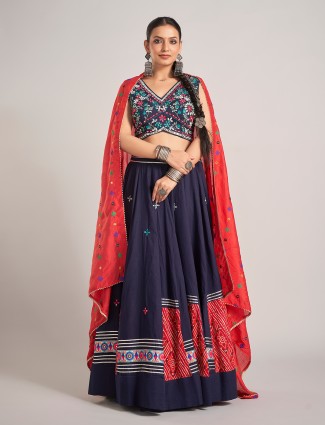 Navy navratri silk chaniya choli with V neck