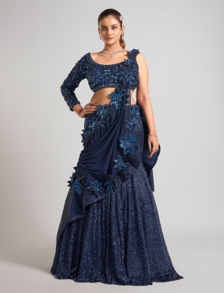 Navy soft net lehenga choli with attached dupatta