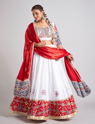 White and red silk chaniya choli designed for navratri grace