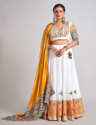 White and yellow silk chaniya choli for vibrant navratri