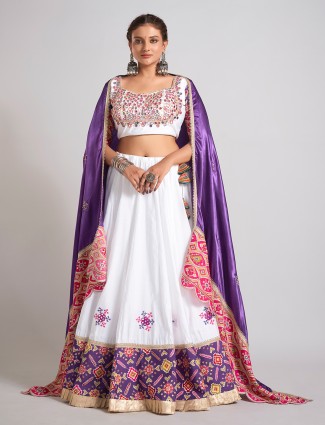 White printed silk chaniya choli for traditional navratri looks