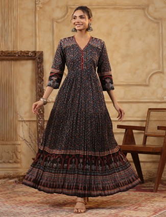 Black printed silk kurti set for festive wear