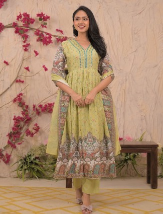 Green festive mulmul kurti set with dupatta