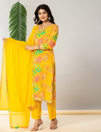 Mustard yellow silk kurti set with pant and dupatta