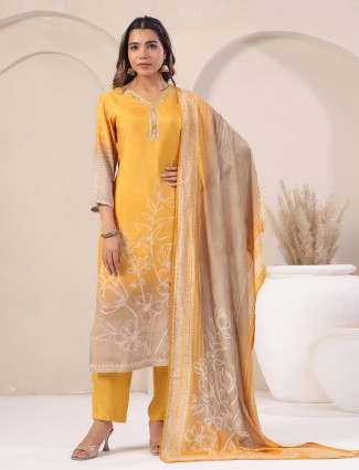 Mustard yellow silk kurti set with cutdana detailing
