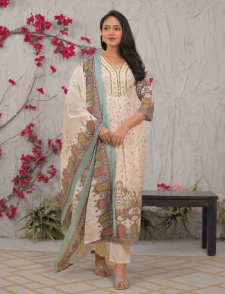 Off white embroidered mulmul cotton kurti set