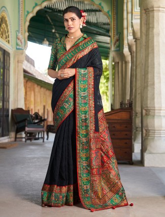 Black printed saree highlighted with fine thread work