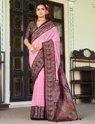 Pink printed georgette saree with thread detailing