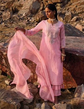 Pink silk kurti set with beads and dupatta