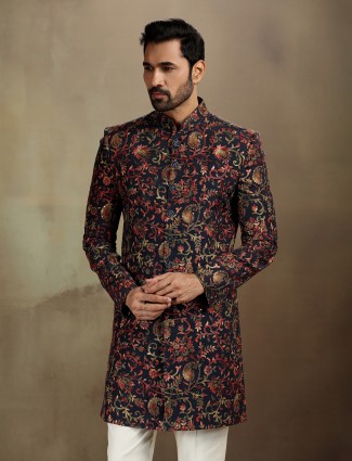 Printed black modal silk designer indo western
