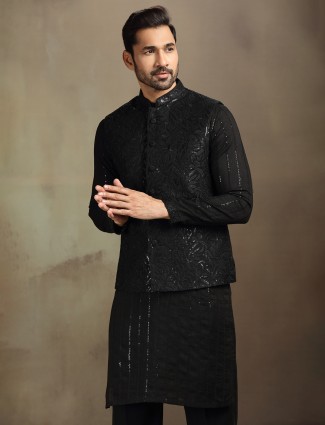 Black silk evening embroidered waistcoat set