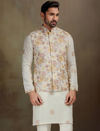 Cream silk zardosi wedding waistcoat set