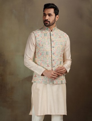 Dark cream raw silk ethnic set