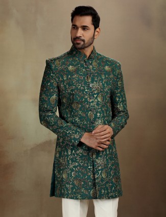 Green modal silk indo western for men