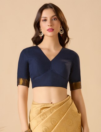 Navy cotton V neck blouse with elbow sleeves