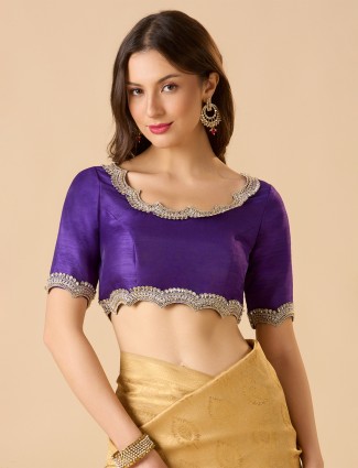 Purple raw silk blouse with resham and embroidery