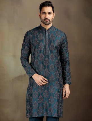 Rama blue nova silk woven kurta set