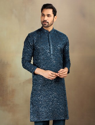 Rama blue silk sequins kurta set