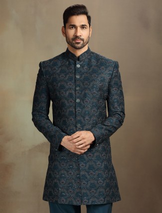 Rama blue silk indo western ensemble