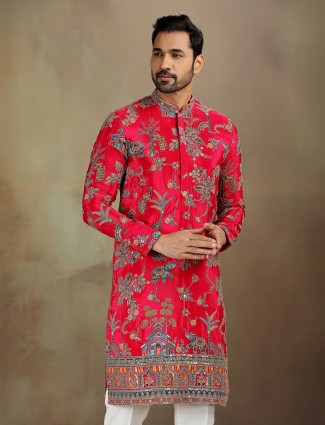 Rani pink printed zardosi kurta set