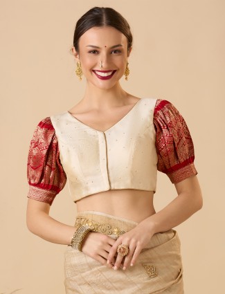 Red and off white V neck silk zari blouse