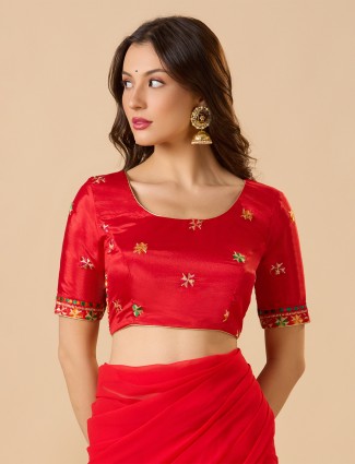 Red round neck embroidered chinon blouse