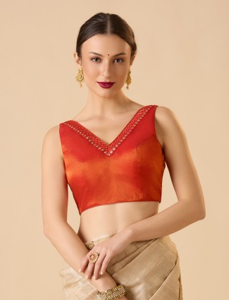 Red sleeveless tissue silk ready made blouse