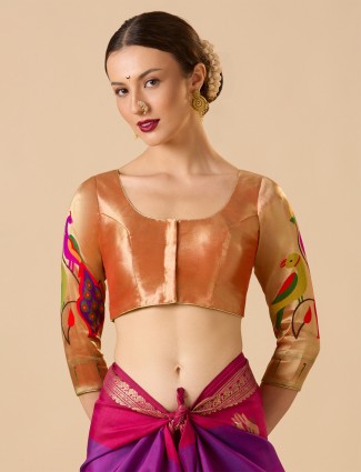 Rose gold printed paithani silk blouse