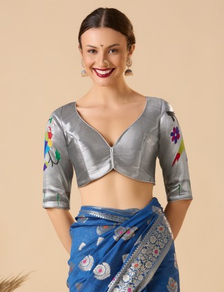 Silver printed paithani festive blouse