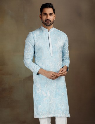 Sky blue satin silk kurta suit set