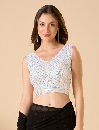 White georgette cutdana sleeveless festive blouse