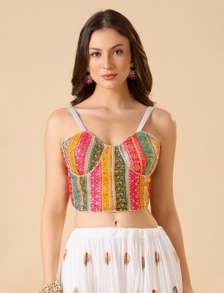White embroidered georgette sleeveless blouse