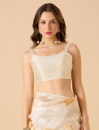 White sleeveless solid ready made blouse with round neck