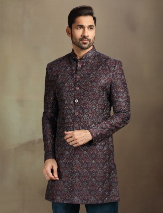 Wine silk indo western with embroidery work