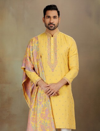 Yellow banarasi silk kurta suit set