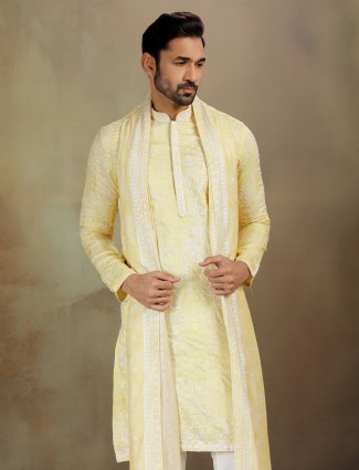 Yellow satin silk embroidered kurta set