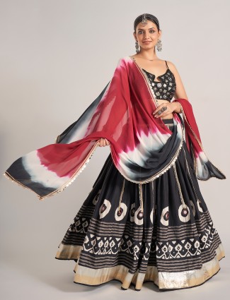 Black printed silk navratri wear chaniya choli