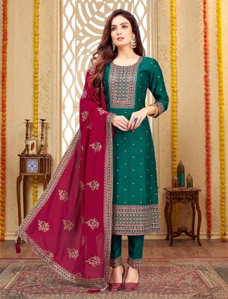 Dark green silk salwar suit with rich maroon dupatta