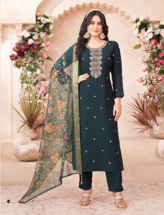 Dark green silk salwar suti with printed dupatta