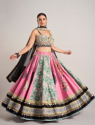 Pink & pista green silk navratri chaniya choli
