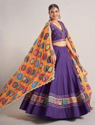 Purple silk navratri chaniya choli with v-neck choli