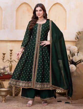 Dark green silk palazzo suit for women