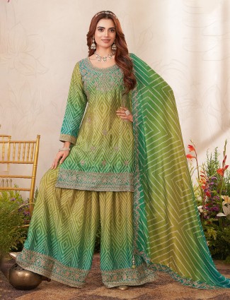 Green silk bandhani printed palazzo suit