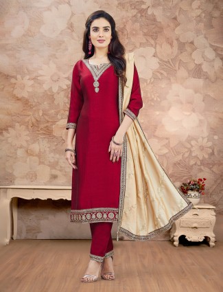 Maroon festive wear silk salwar suit for women