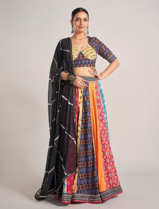 Multicolor silk mirror work navratri chaniya choli with print