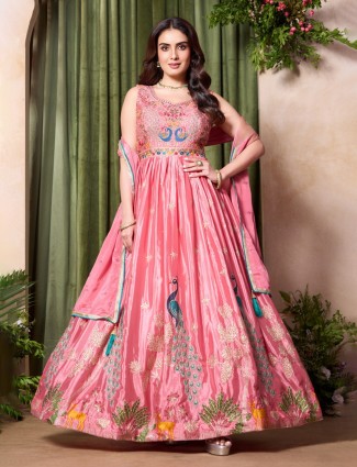 Peach wedding wear silk anarkali suit